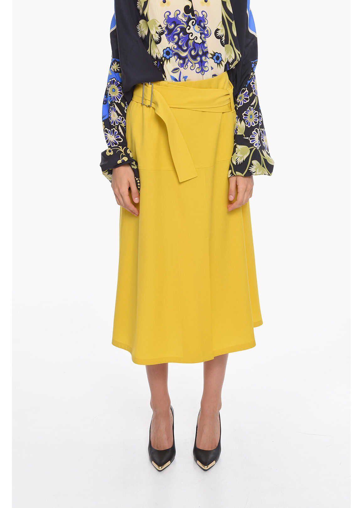 Jil Sander Wool Belted Skirt With Front Slit Yellow