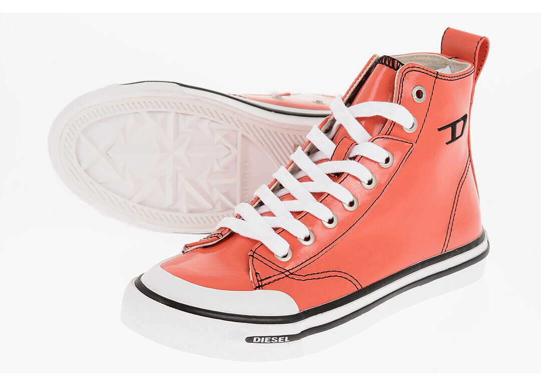 Poze Diesel Patent Faux Leather S-Athos High-Top Sneakers With Contrasti Orange