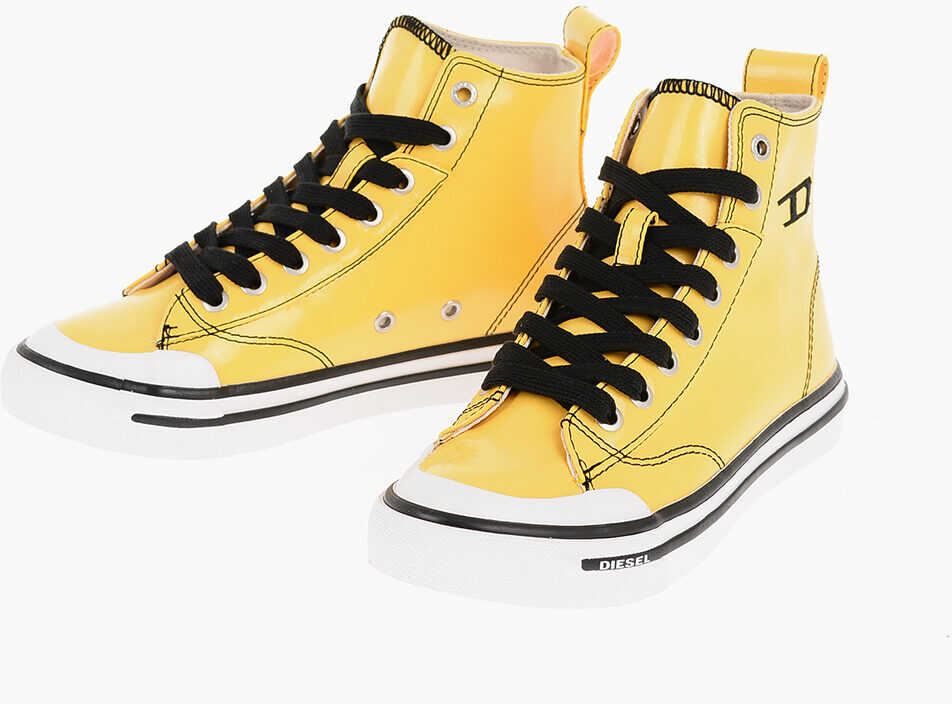 Poze Diesel Patent Faux Leather S-Athos High-Top Sneakers With Contrasti Yellow