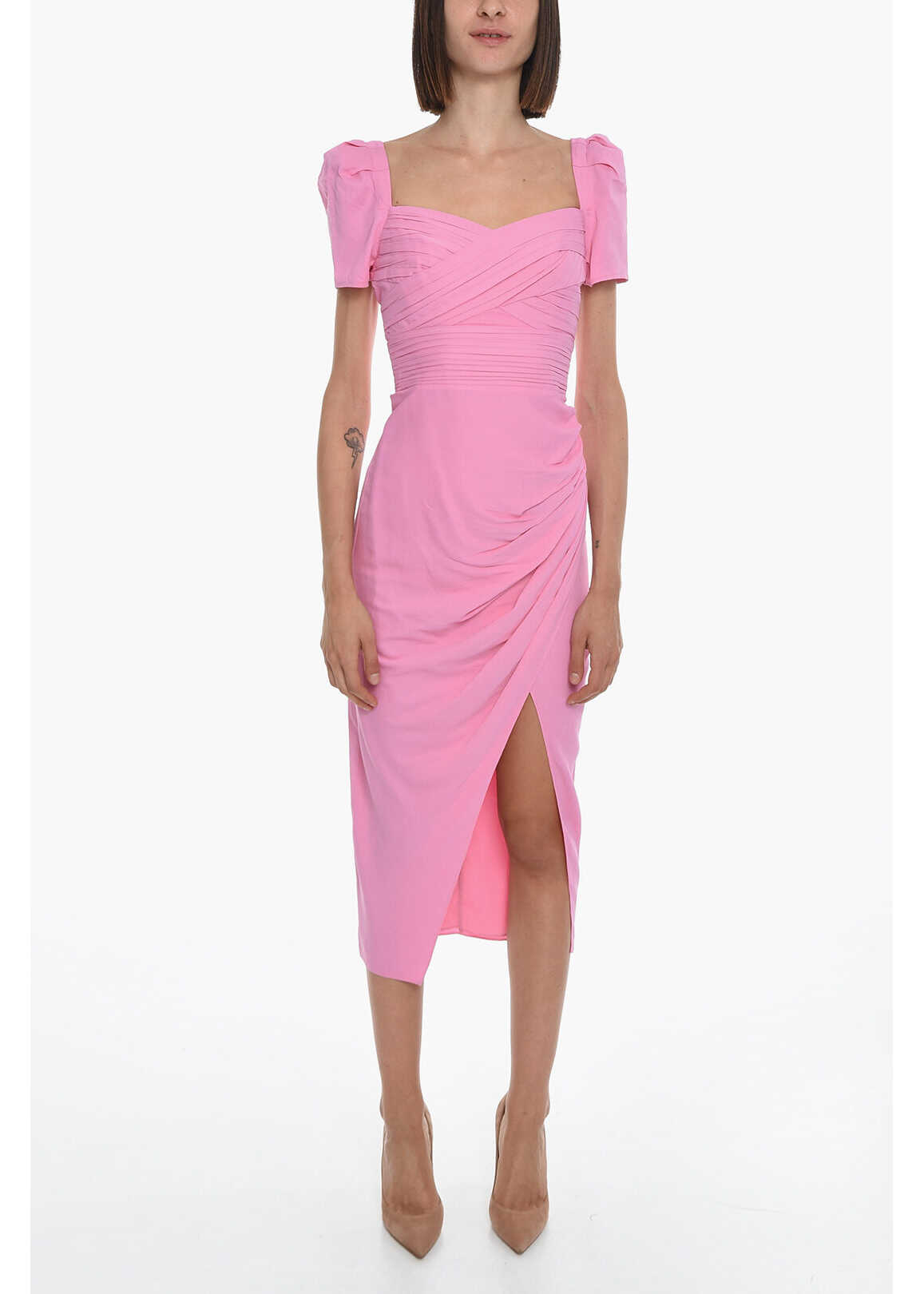 Self-Portrait Iris Gathered Dress With Sweetheart Neckline And Puffed Slee Pink