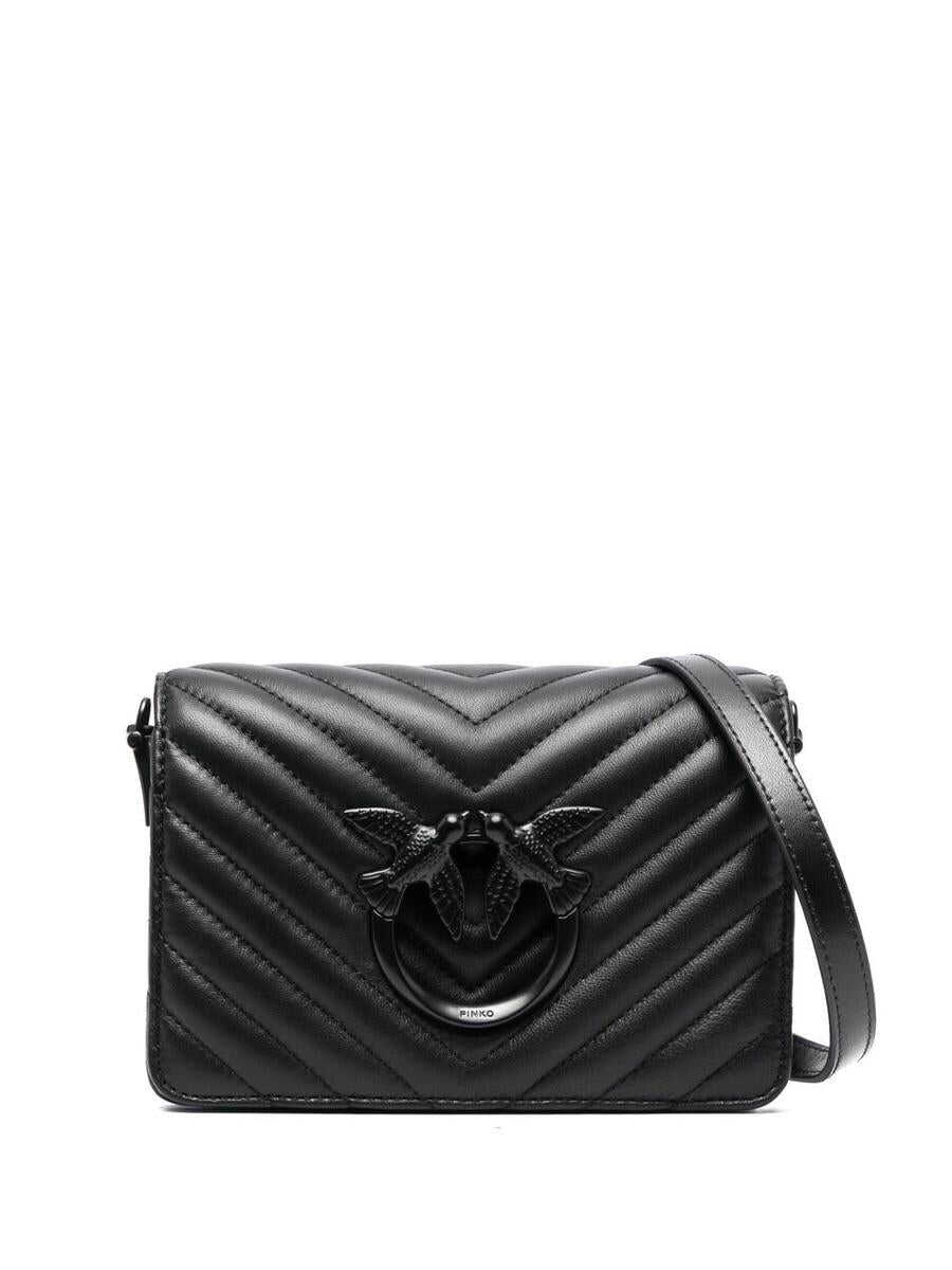 Pinko \'Love Click Mini\' Black Shoulder Bag with Logo Plaque in Chevron Leather Woman Black