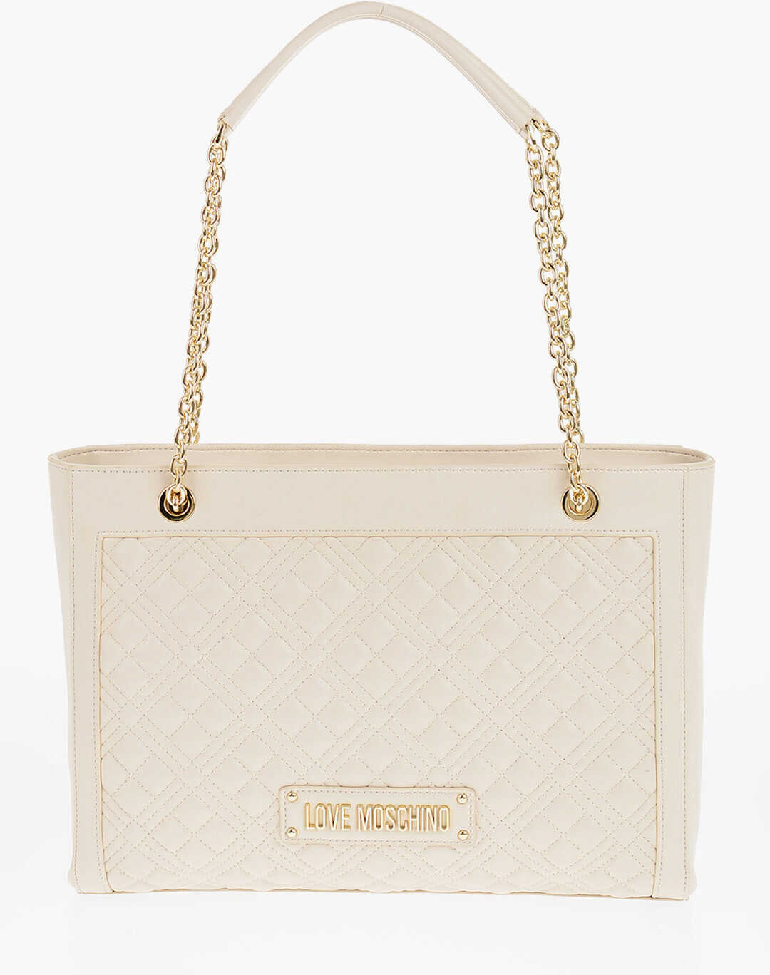 Moschino Love Quilted Faux Leather Shoulder Bag With Golden Logo Beige