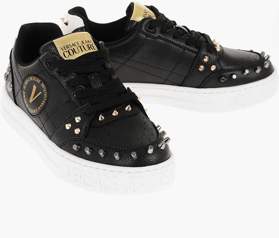 Versace Jeans Couture Textured Leather Court 88 Low Top Sneakers Wit Black