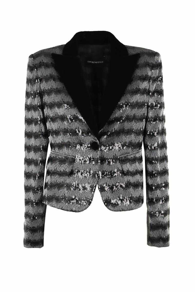 EA7 EA7 EMPORIO ARMANI Chevron pattern jacket with all-over sequins and velvet lapels BLACK