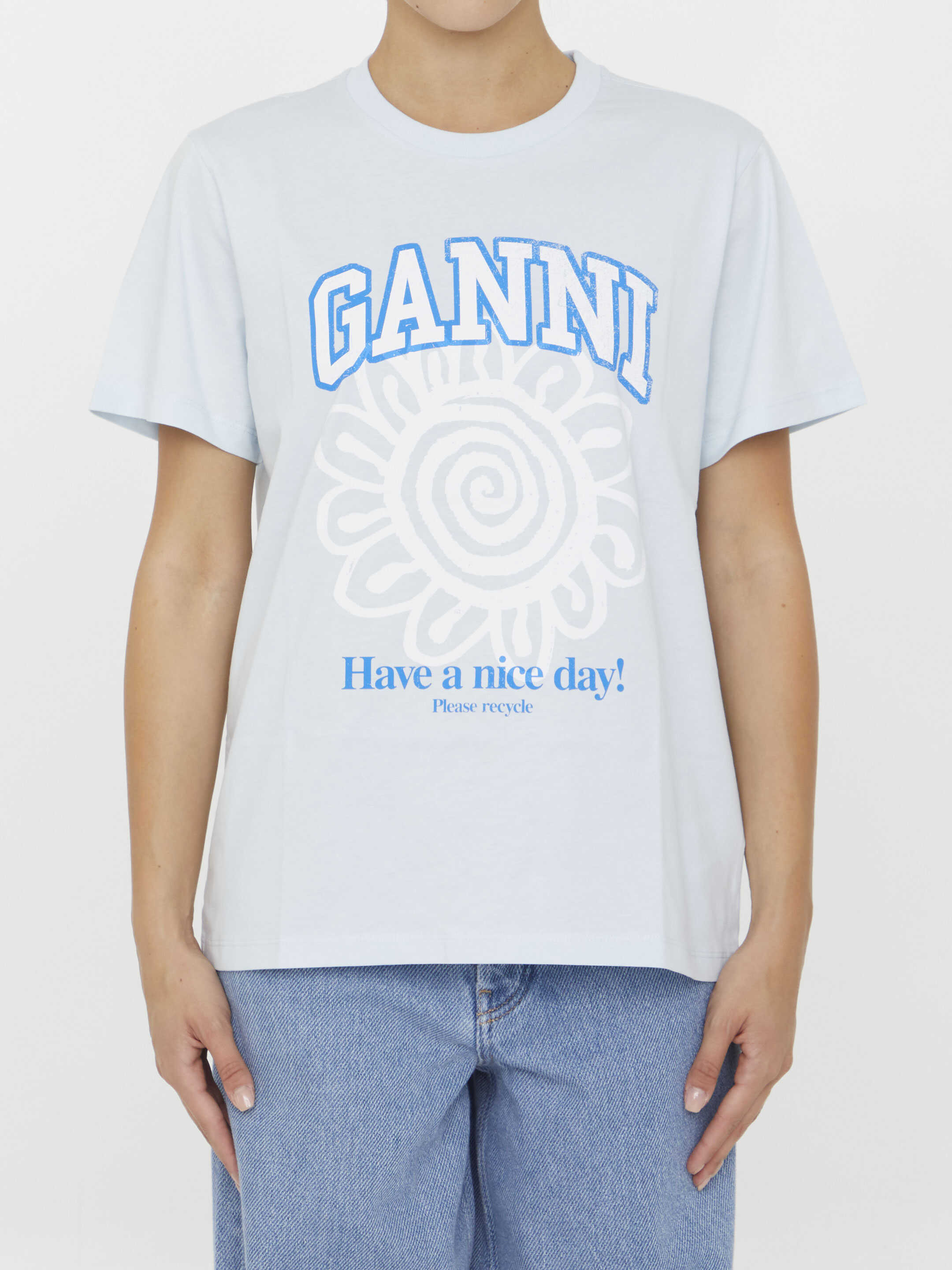 Ganni Blue Flower T-Shirt LIGHT BLUE