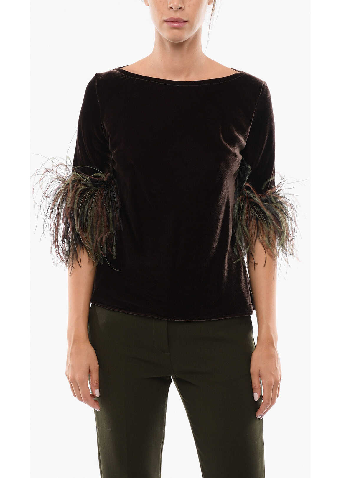 STEPHAN JANSON Velour Top With Removable Ostrich Feathers Detail Brown