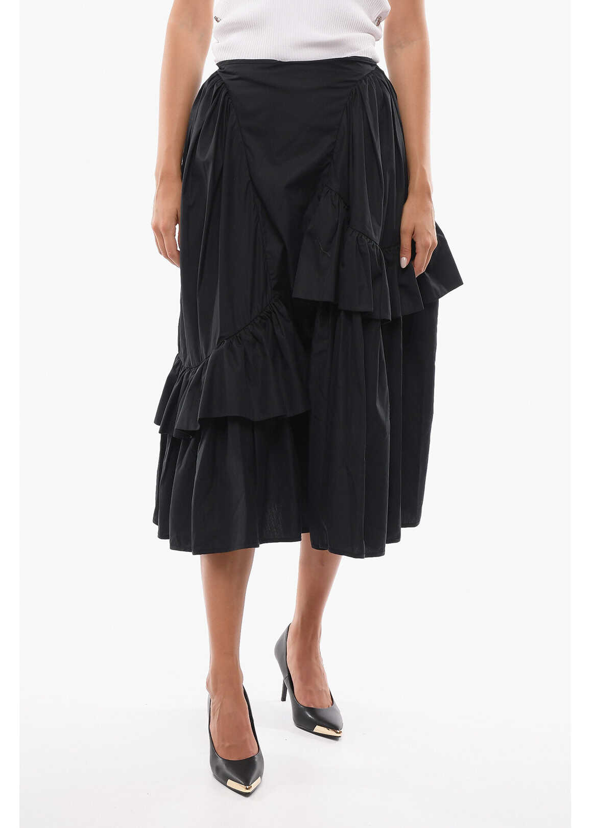 CECILIE BAHNSEN Cotton-Poplin Damara Asymmetric Maxi Skirt With Ruffle Detai Black