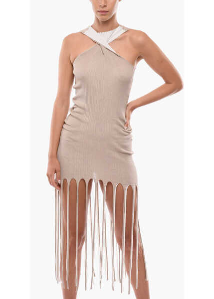Rochii scurte Bottega Veneta Silk-Blend Fringed Dress With Cut Out Shoulders Beige Femei (BM 11569704) 4