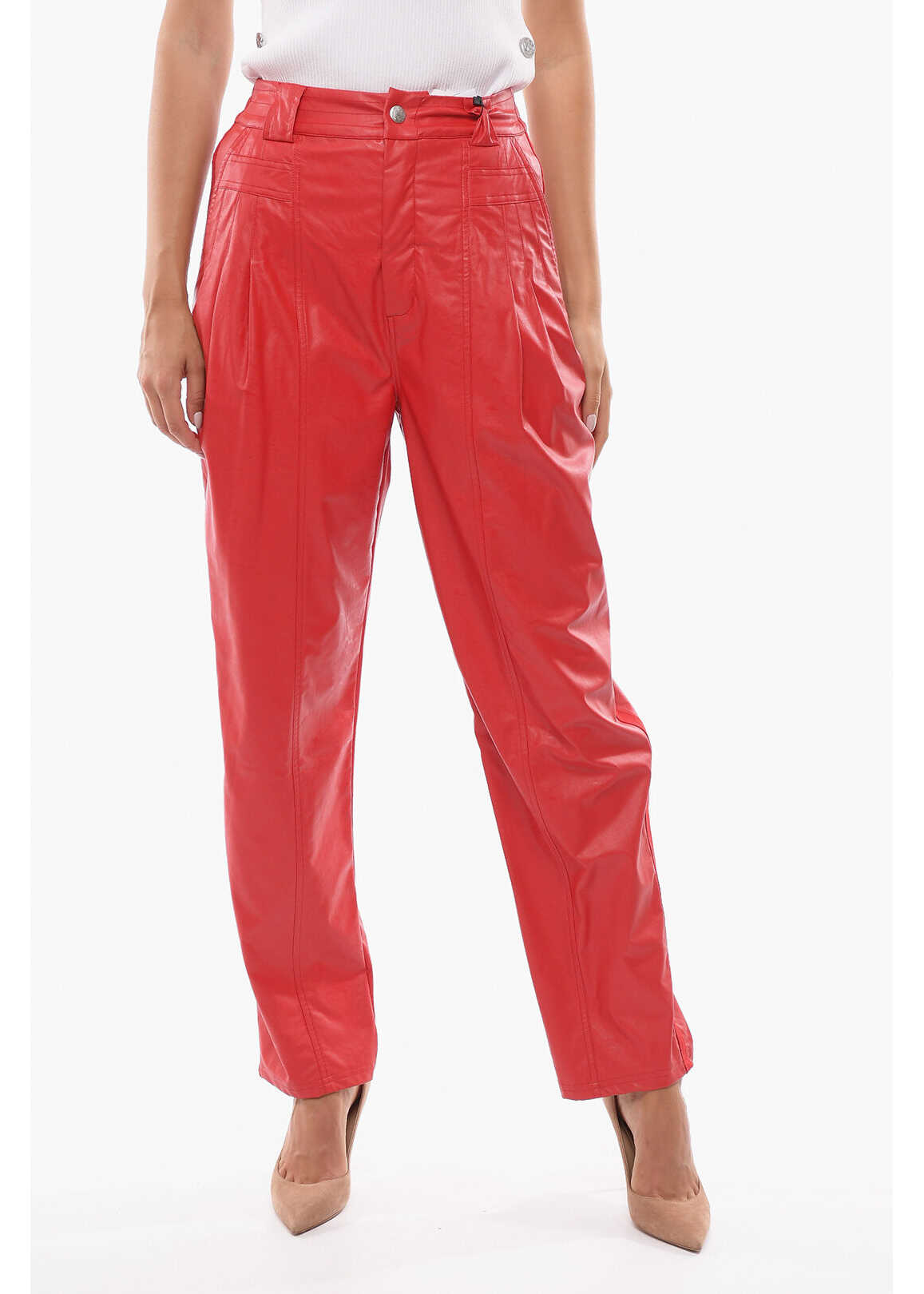 KOCHE 3-Pleat Faux Leather Pants Red