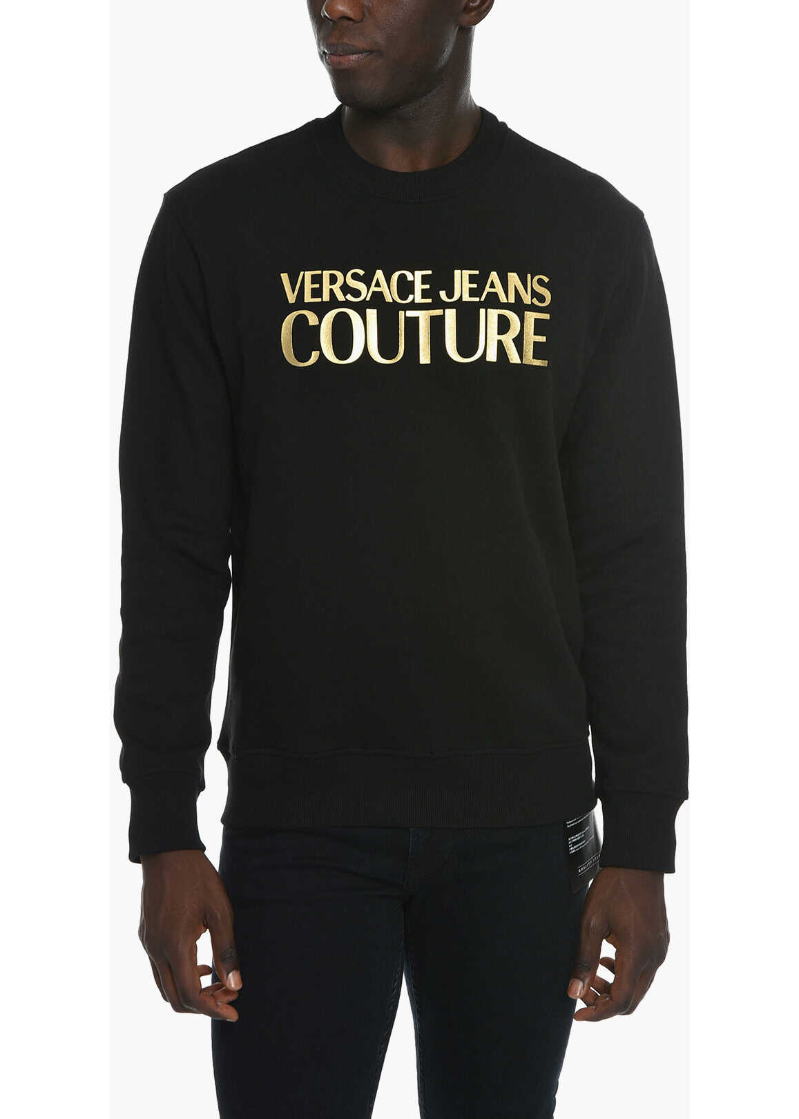 Versace Jeans Couture Crewneck Sweatshirt With Lamè Lettering Print Black