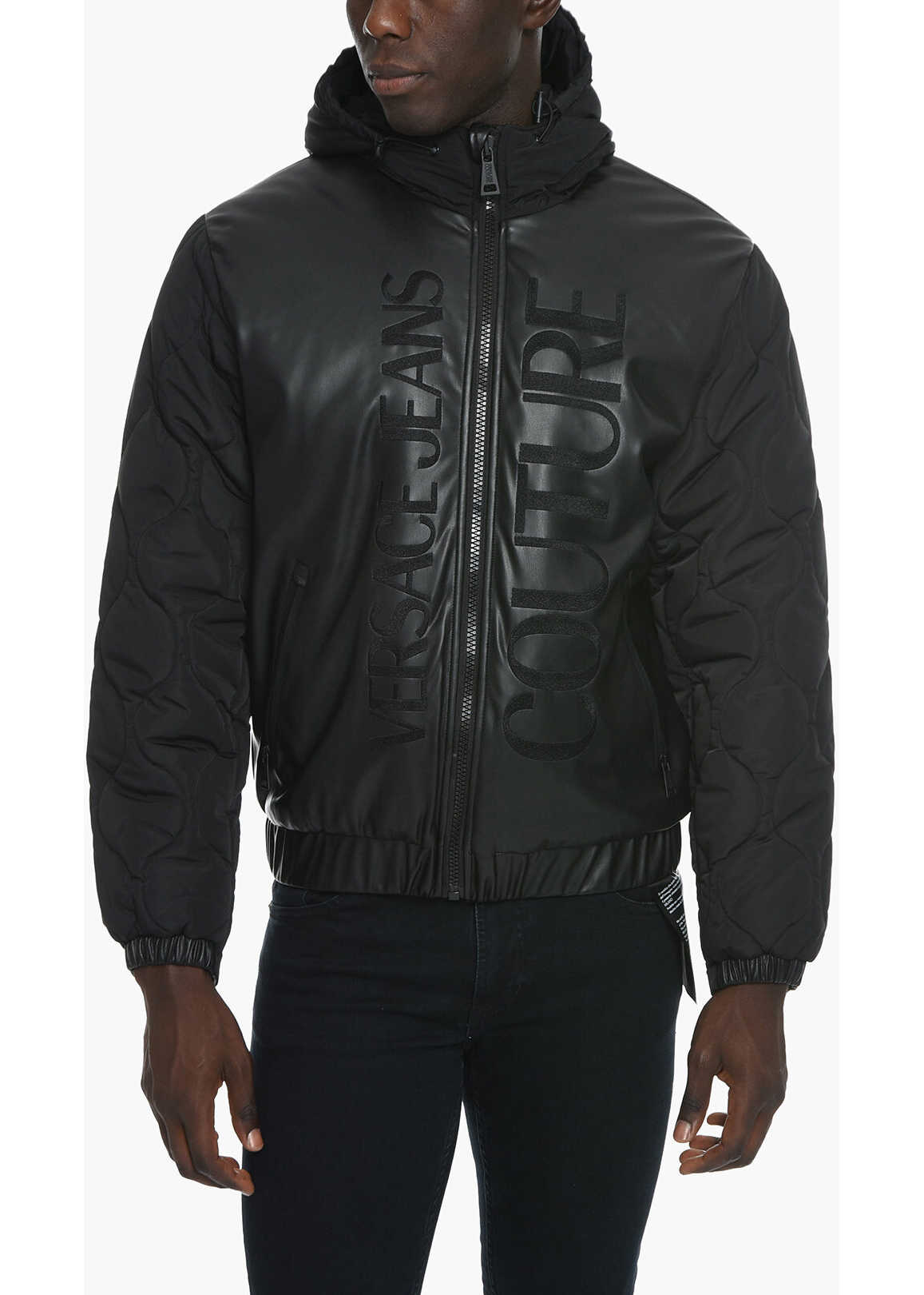 Versace Jeans Couture Faux-Leather Puffer Jacket With Ton-Sur-Ton Lo Black