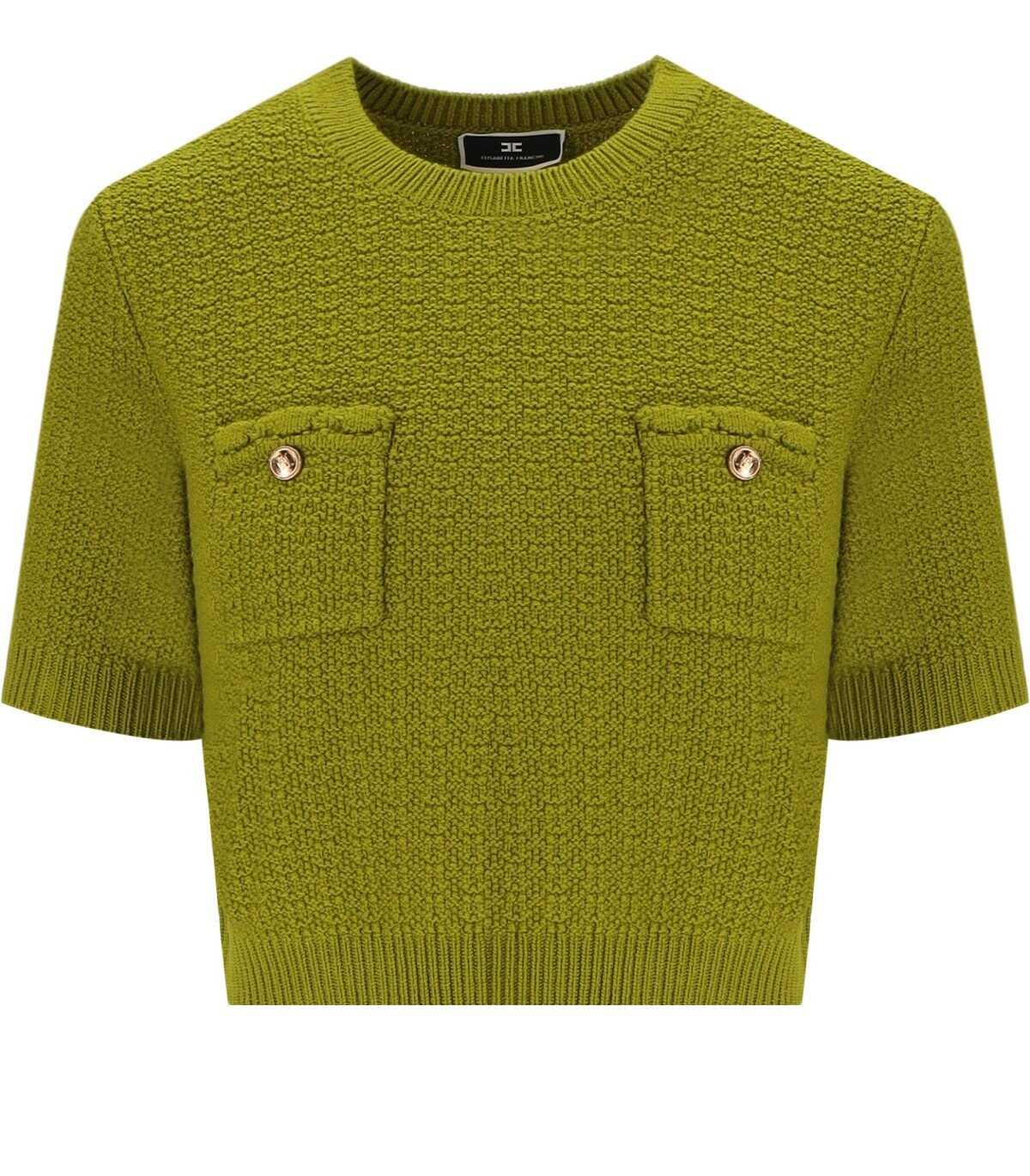 Elisabetta Franchi ELISABETTA FRANCHI OLIVE CROPPED KNITTED T-SHIRT WITH BUTTONS Green