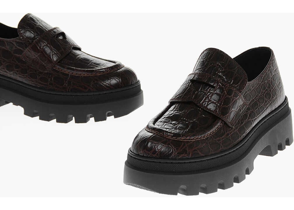 Car Shoe Crocodile Embossed Leather Penny Loafers Brown