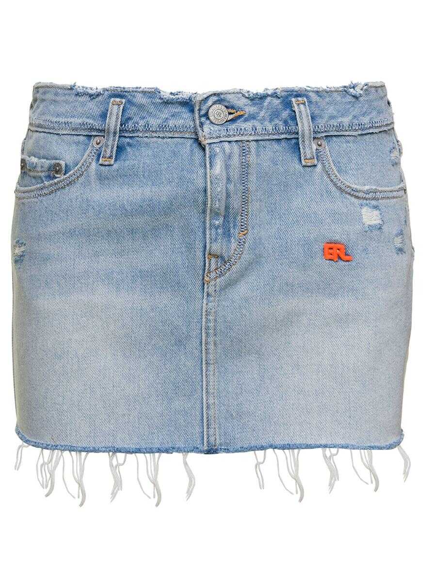 ERL Light Blue Mini-Skirt with Logo Patch and Raw Edge in Cotton Denim Woman ERL x Levi\'s BLU