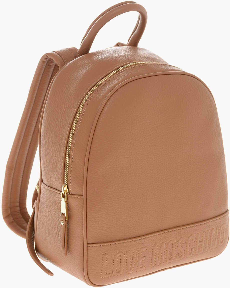 Rucsacuri Moschino Love Textured Faux Leather Backpack With Embossed Logo Brown Femei (BM 11655522) 3