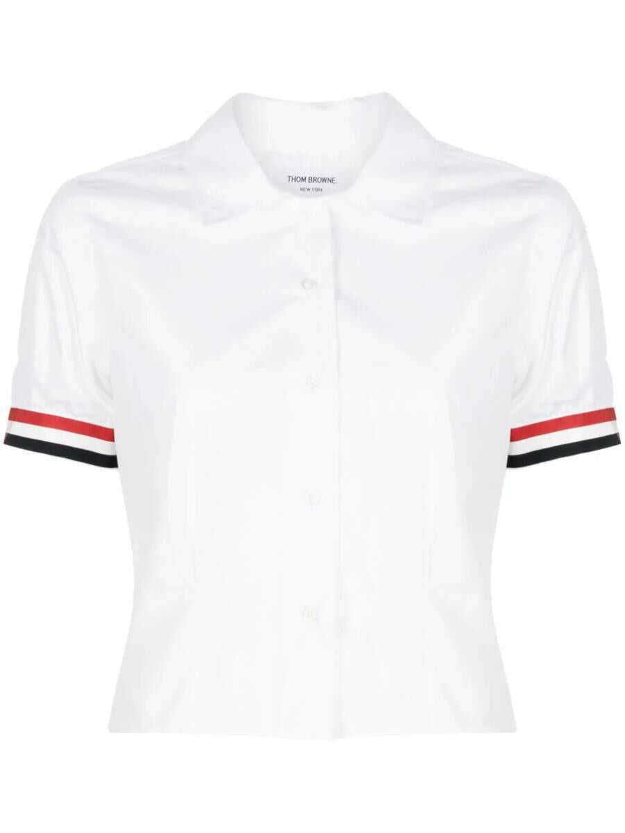 Thom Browne THOM BROWNE SHORT SLEEVE TUCKED BLOUSE WITH RWB GG CUFF IN SOLID POPLIN CLOTHING WHITE