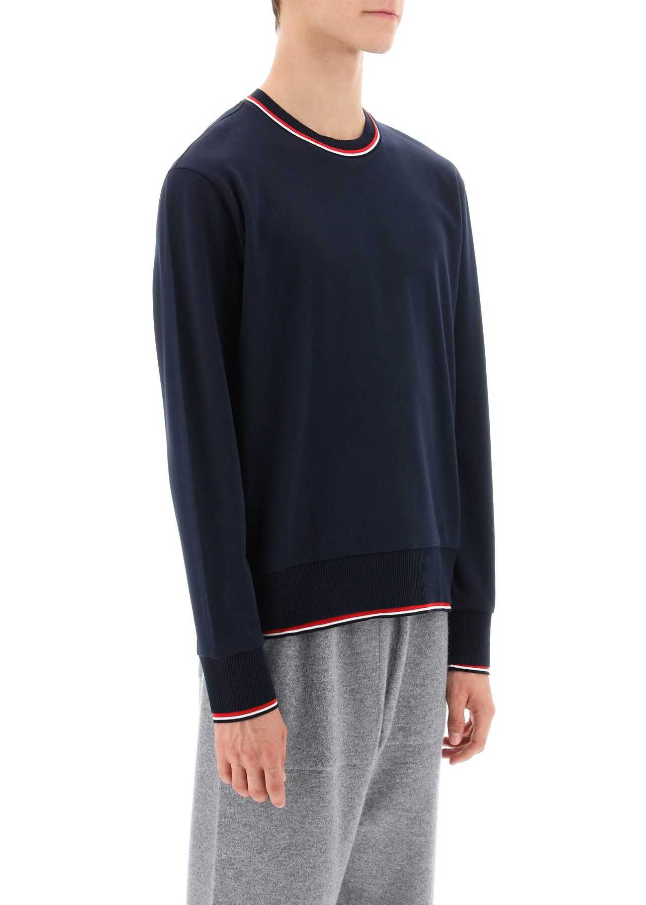 Thom Browne Cotton Sweater With Rwb Stripe Trims NAVY