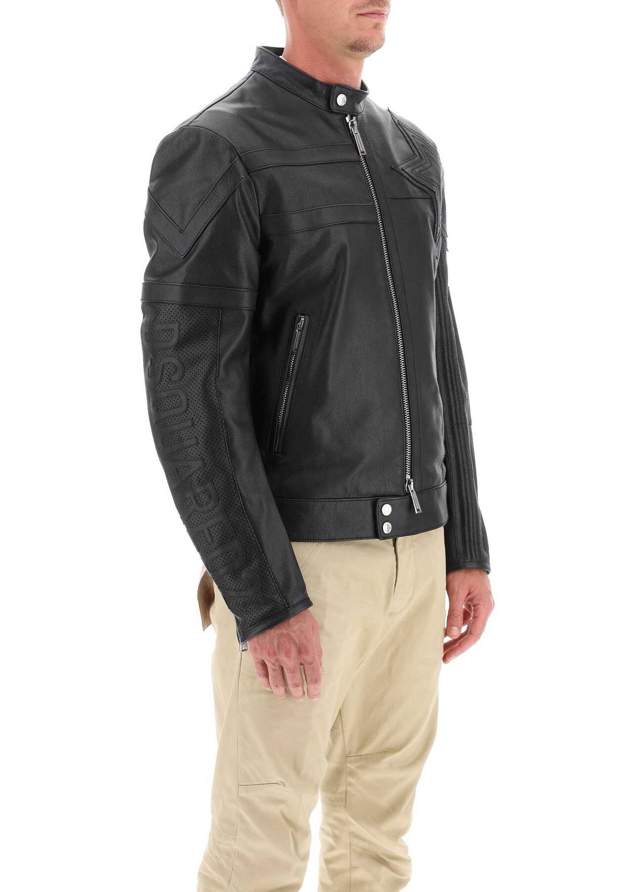 DSQUARED2 Leather Biker Jacket With Contrasting Lettering BLACK