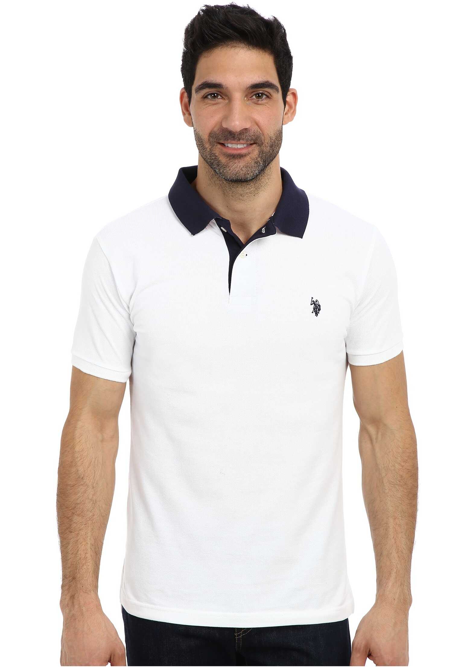 Tricou U.S. POLO ASSN. Slim Fit Solid Pique Polo w/ Contrast Color Striped Under Collar White