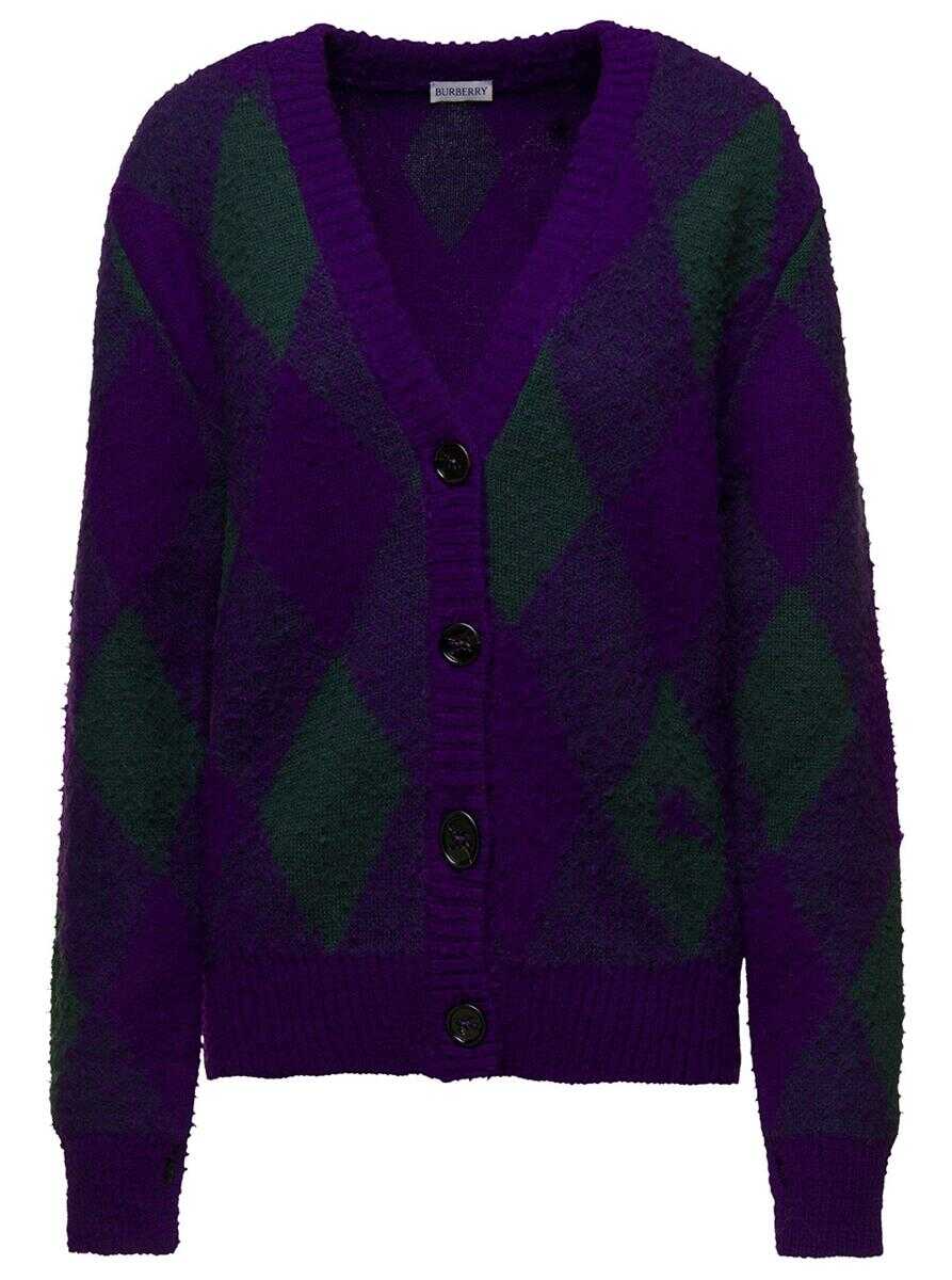 Burberry Purple Cardigan with Argyle Motif in Wool Woman VIOLET