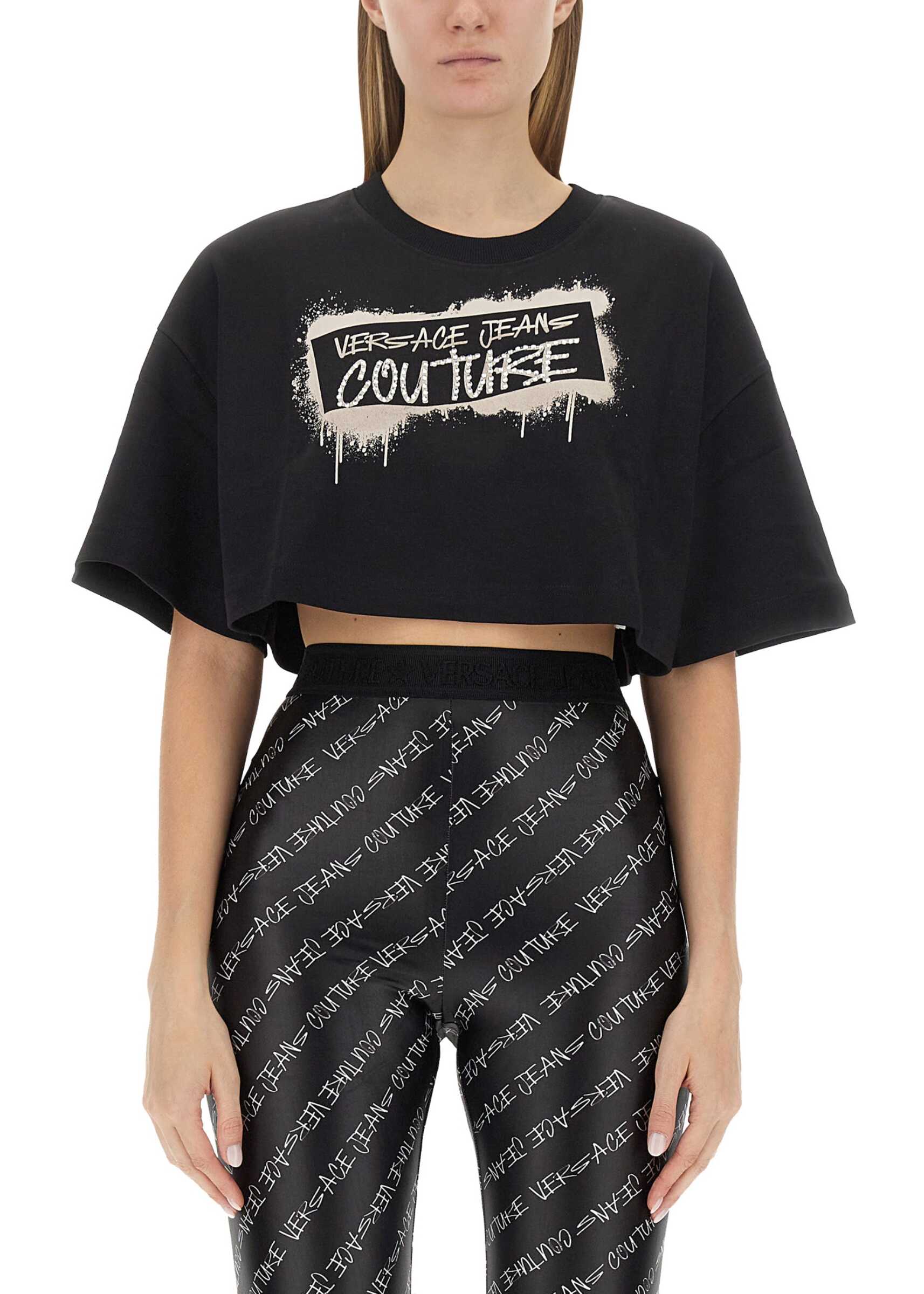 Versace Jeans Couture Cropped T-Shirt With Graffiti Logo BLACK