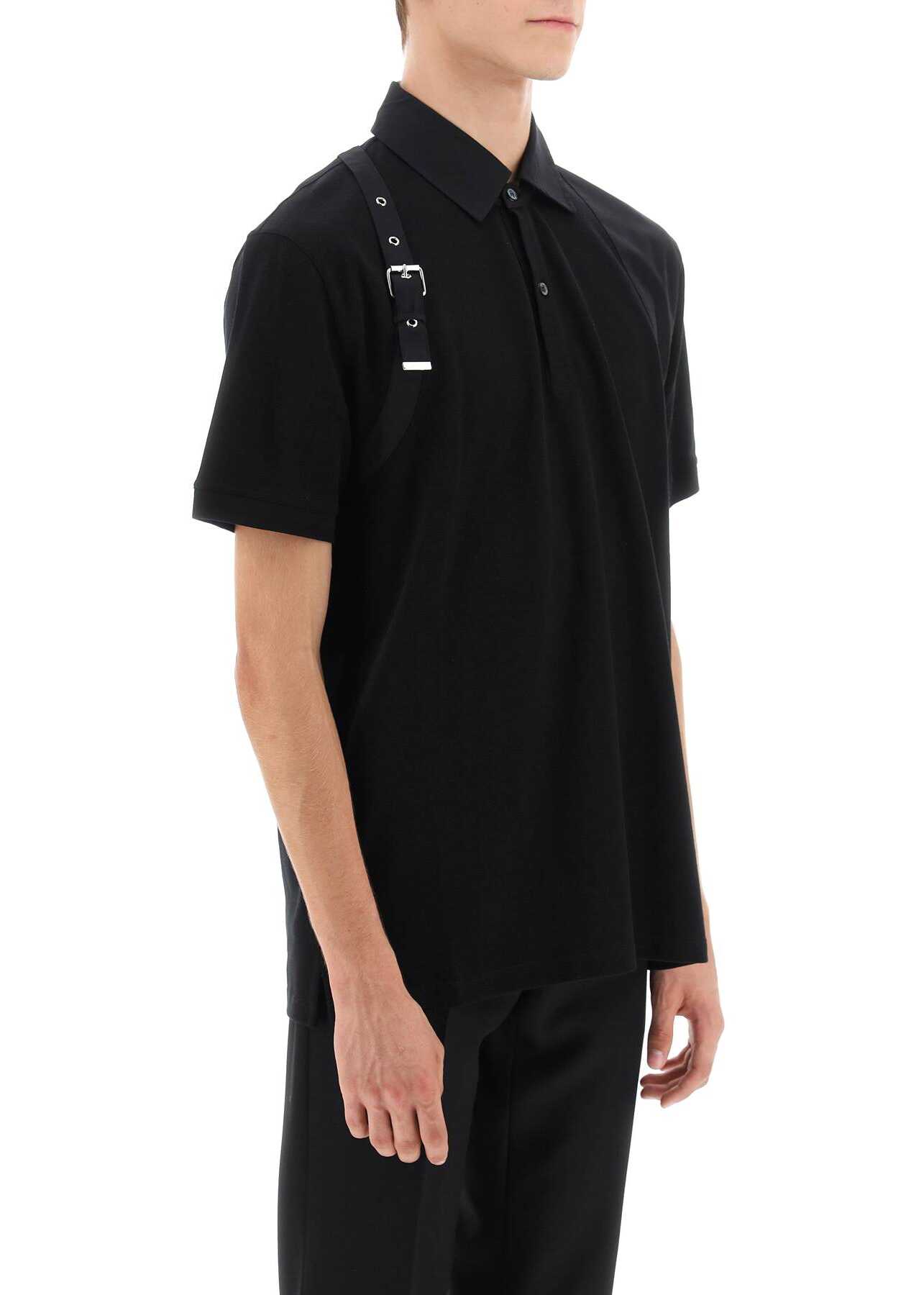 Alexander McQueen Harness Polo Shirt In Piqué And Popeline BLACK