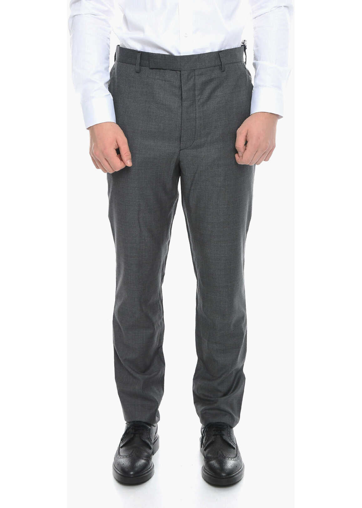 Prada Virgin Wool Pleated Trousers With Embroidered Logo Gray