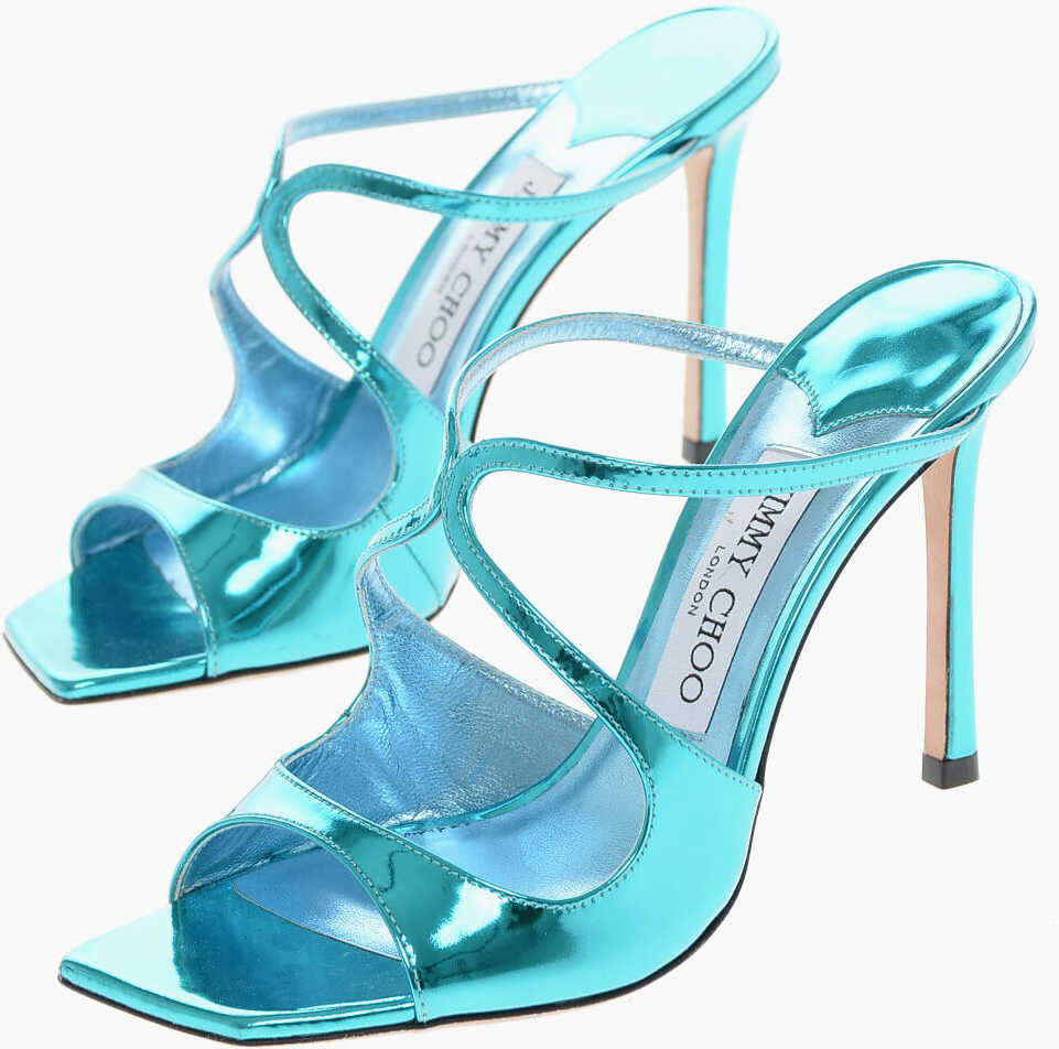 Jimmy Choo Patent Leather Anise Mules With Metal Finish 9Cm Light Blue
