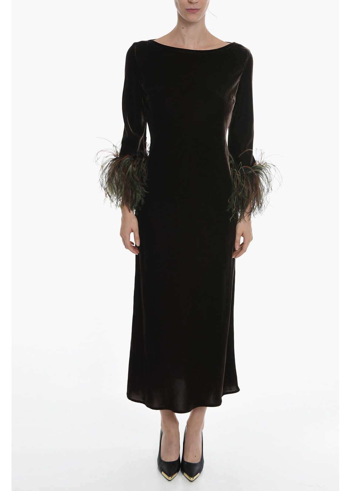 STEPHAN JANSON Velvet Maxi Dress With Deatatchable Feather Cuffs Brown