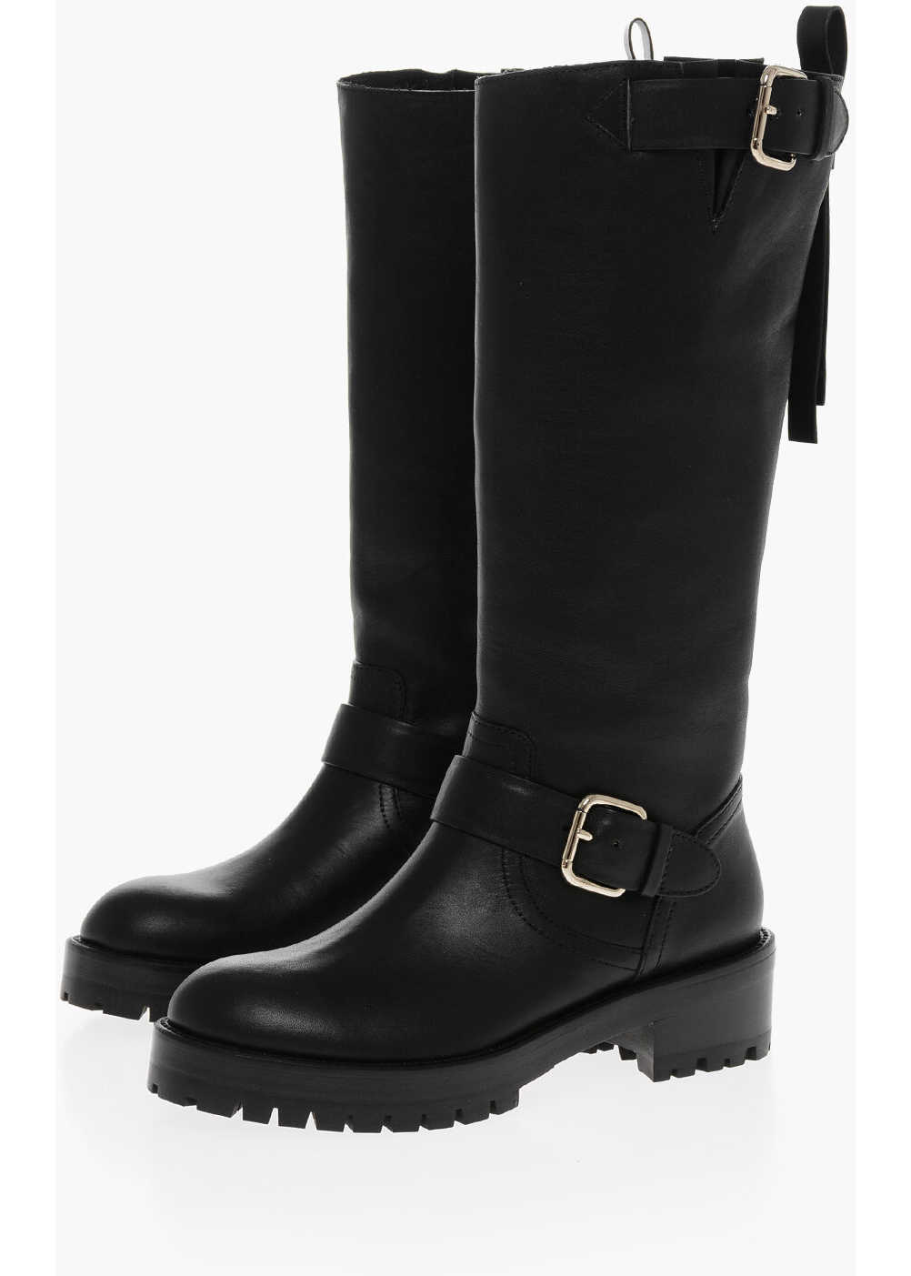 RED VALENTINO Leather Mid Biker Boots With Buckles Black