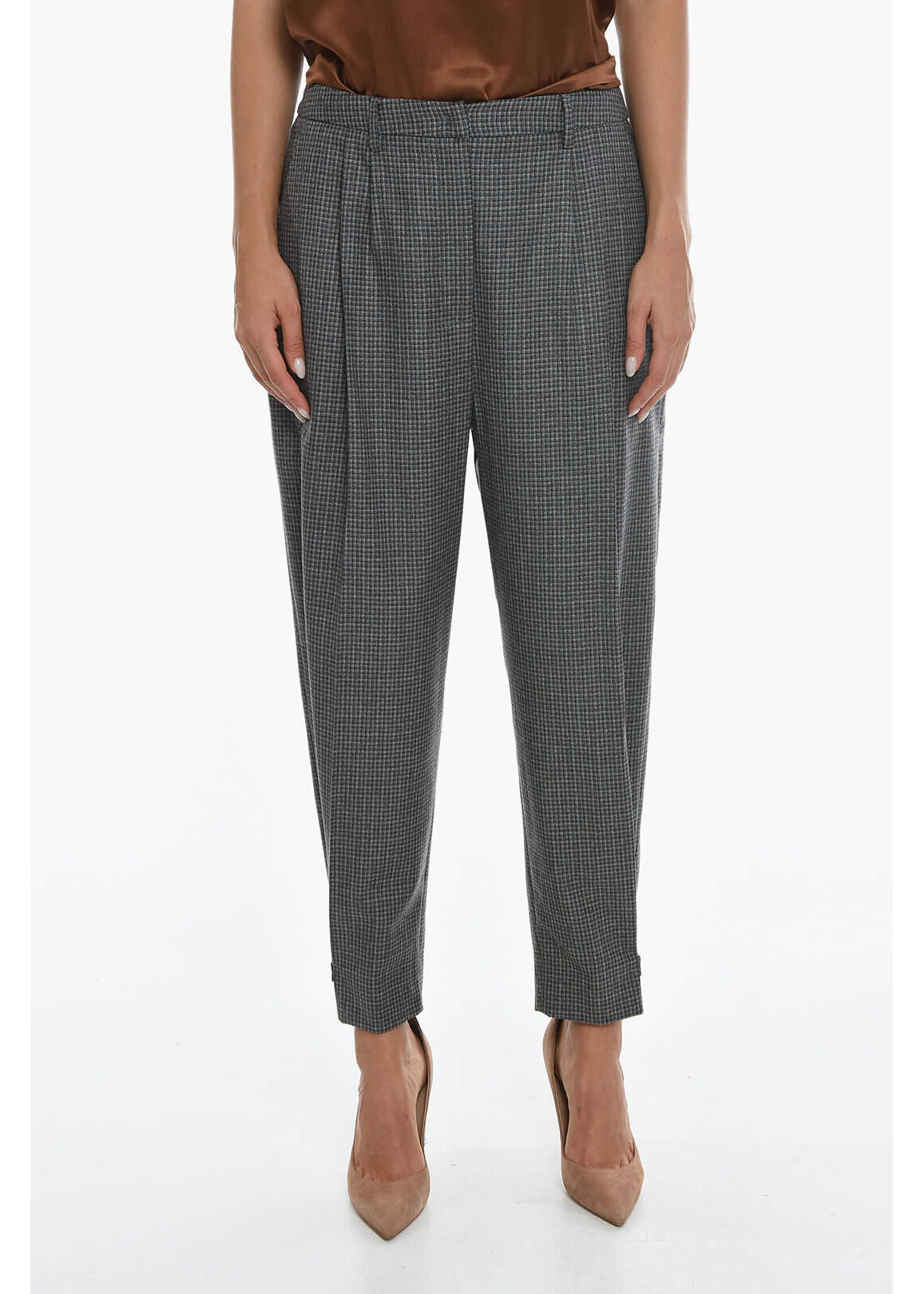 Fabiana Filippi Double Pleated Checkered Slouchy Wool Pants Gray