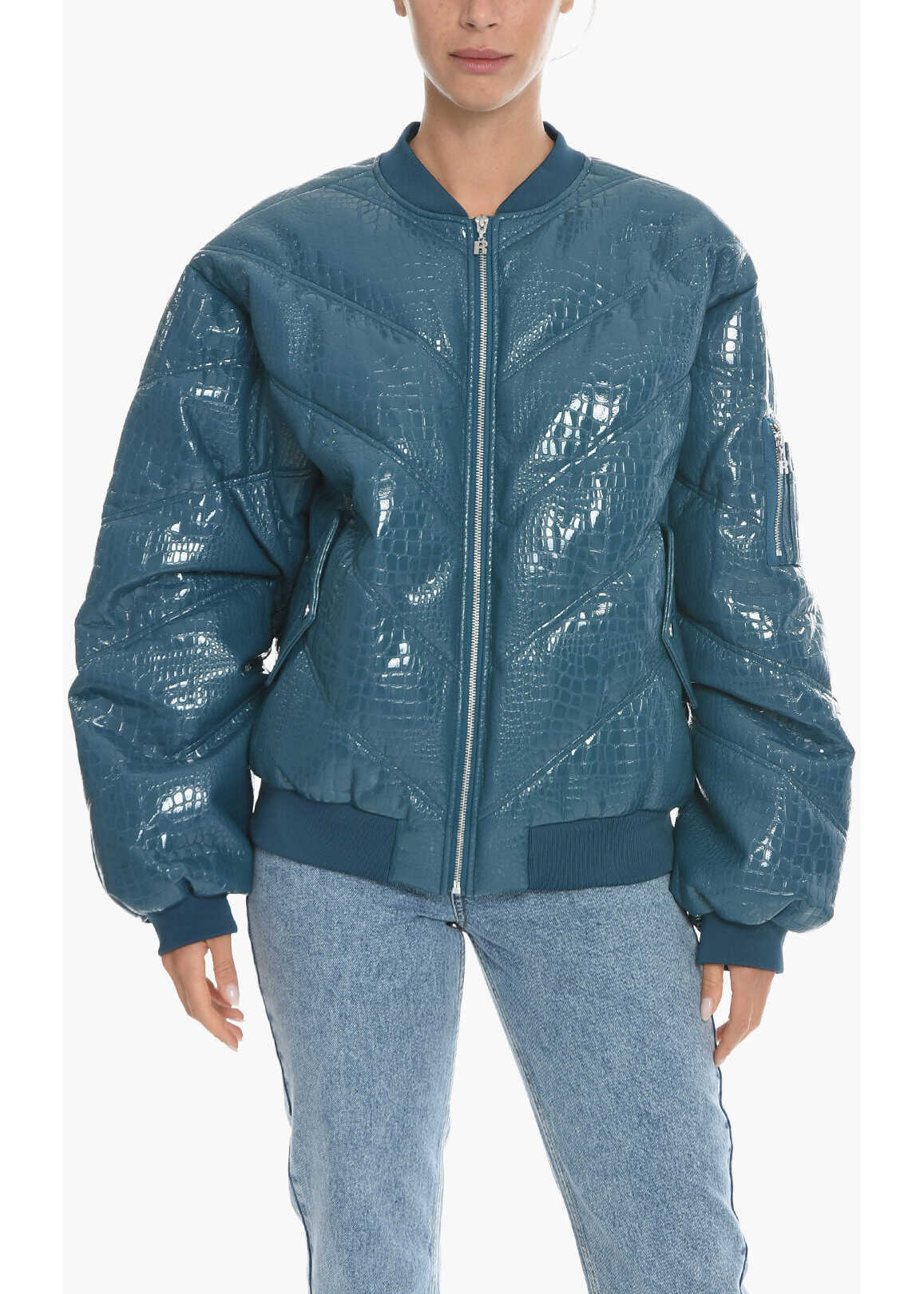 ROTATE Birger Christensen Eco-Patent Leather Padded Bomber Jacket With Python Effect Blue