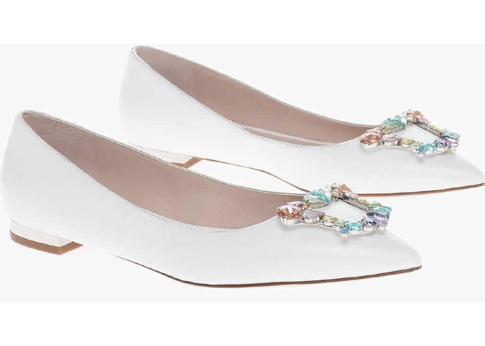 SOPHIA WEBSTER Point Toe Margaux Leather Ballet Flats With Jewel Buckle White