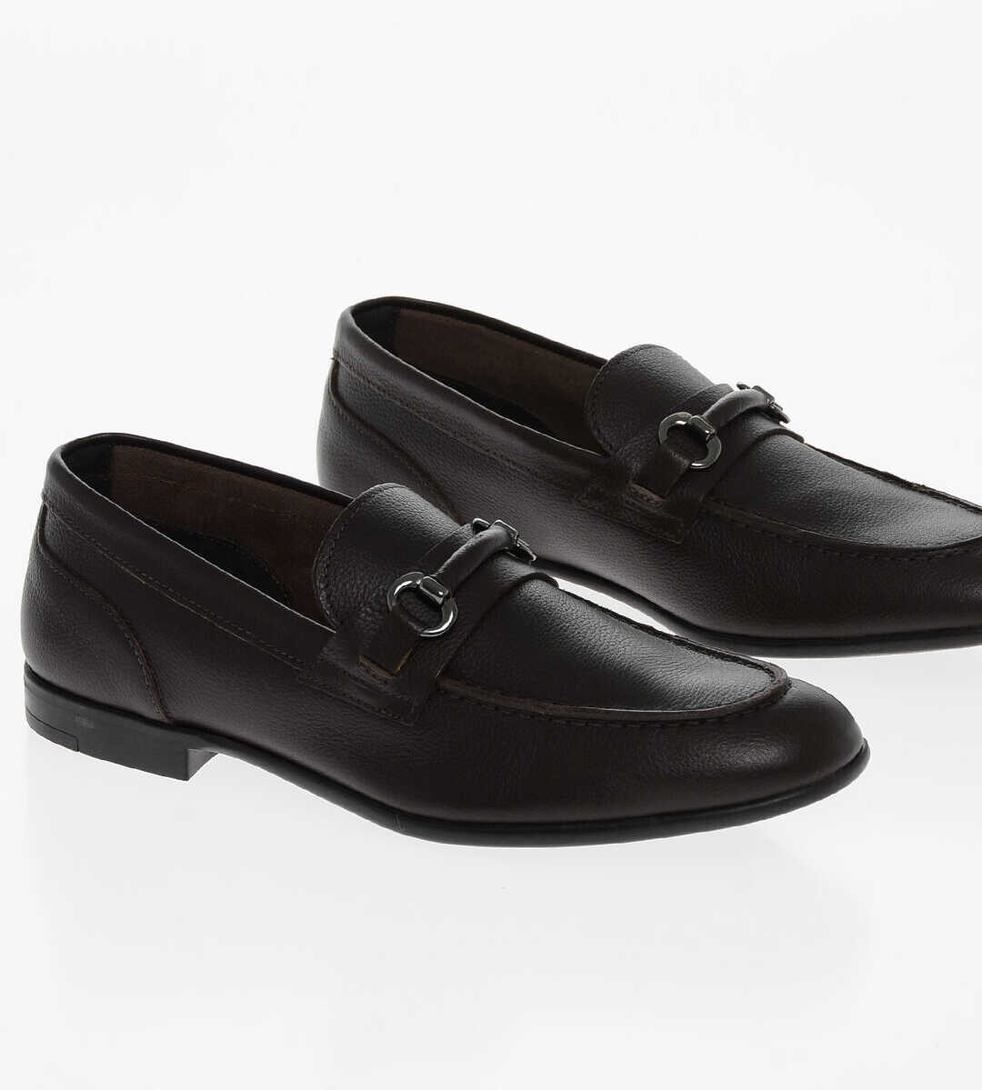 CORNELIANI Cc Collection Textured Leather Loafers With Clamp Brown