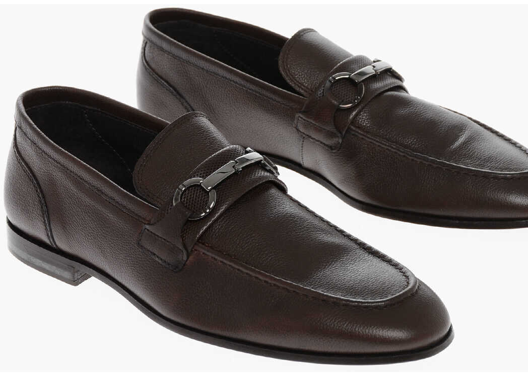 CORNELIANI Textured Leather Loafers With Clamp Brown