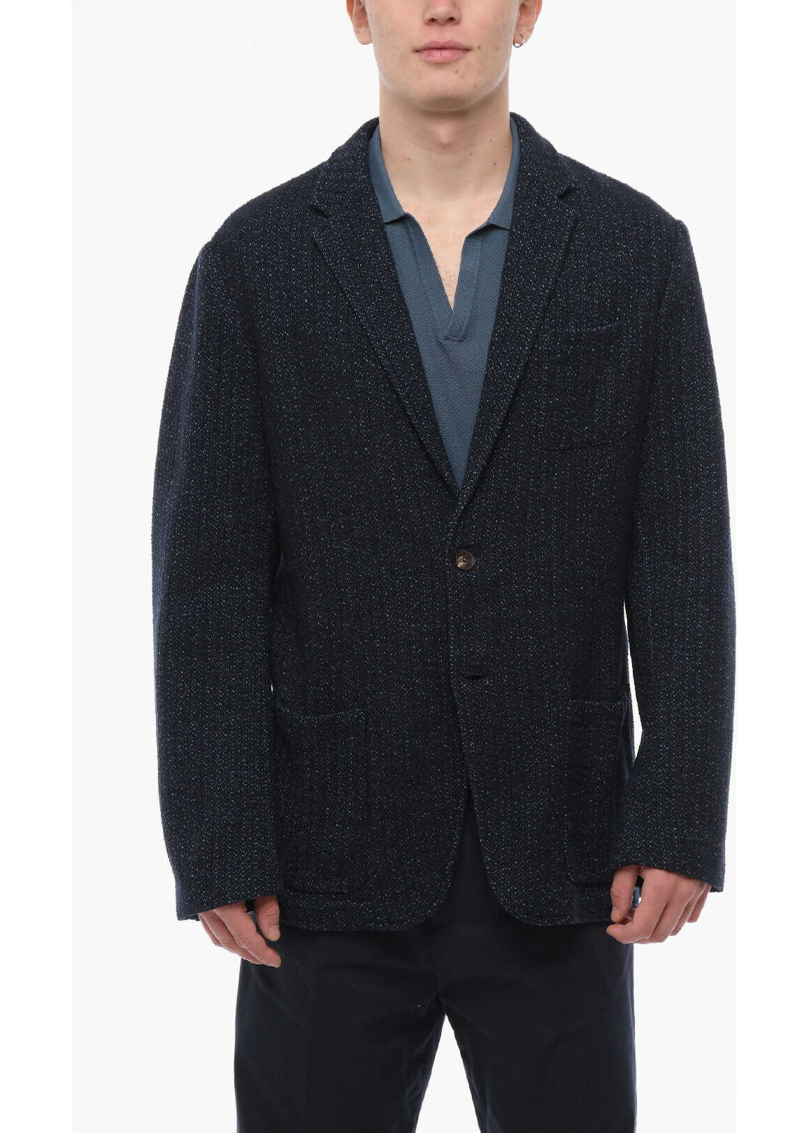 ETRO Tweed Cotton Blend Blazer With Patch Pockets Blue