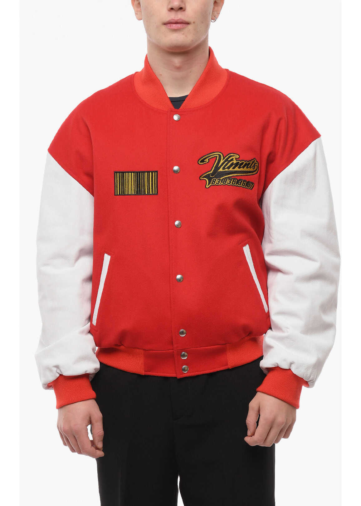 Vetements Vtmnts Leather Sleeve Wool Bomber Jacket With Embroidered Lo Red