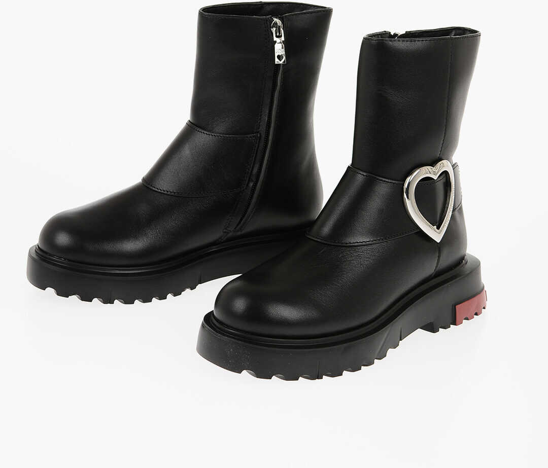 Moschino Love Leather Boots With Zip Closure And Silver-Tone Heart Black