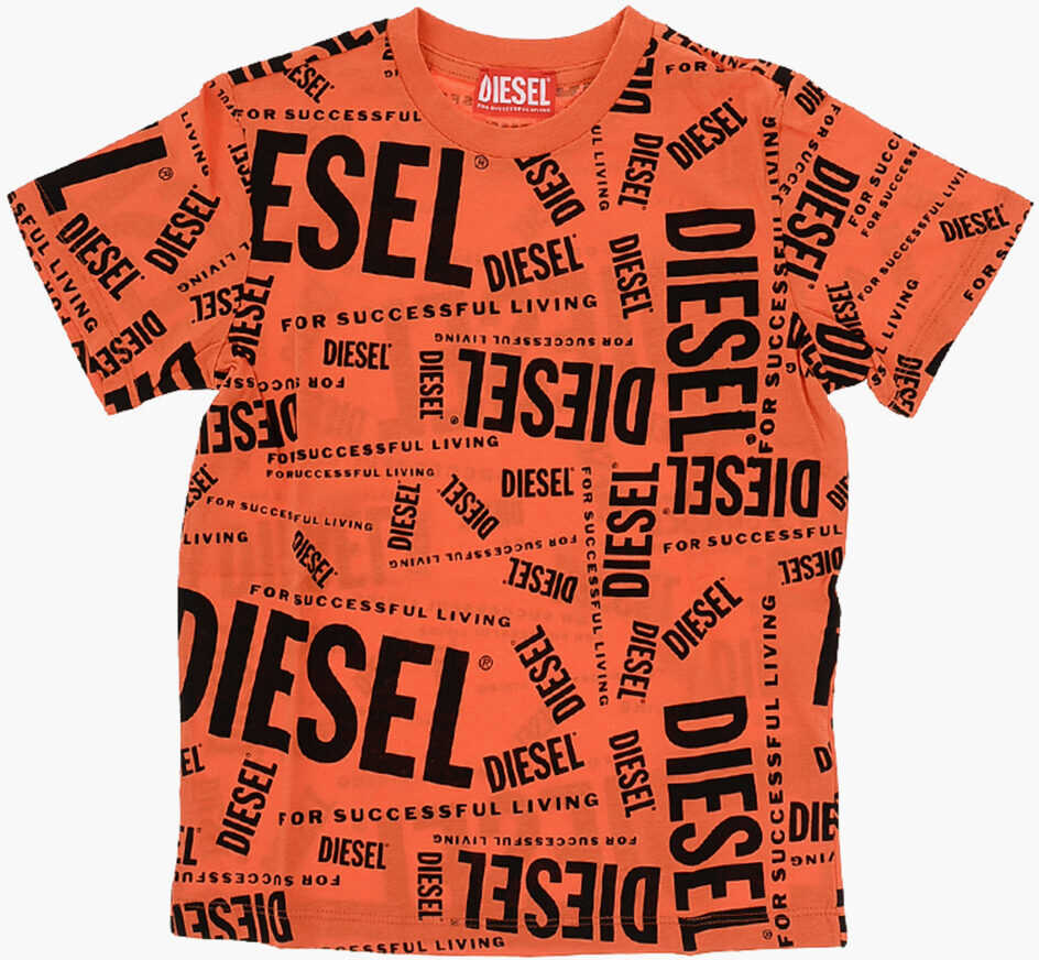 Diesel Red Tag Two-Tone All-Over Logo Tlope Crew-Neck T-Shirt Orange