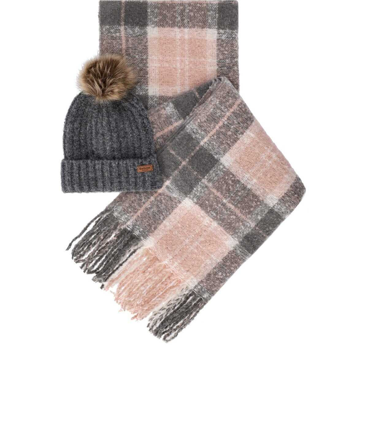 Barbour BARBOUR SALTBURN GREY PINK BEANIE+SCARF SET Grey