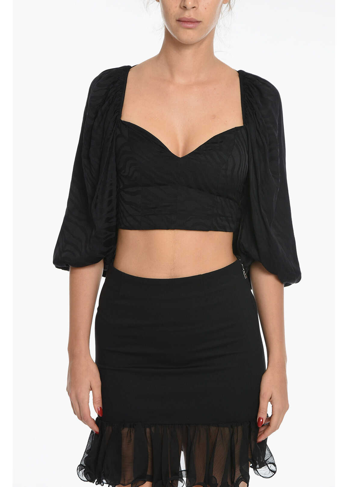 ROTATE Birger Christensen Animal Patterned Solid Color Irina Crop Top With Puff Sleeve Black
