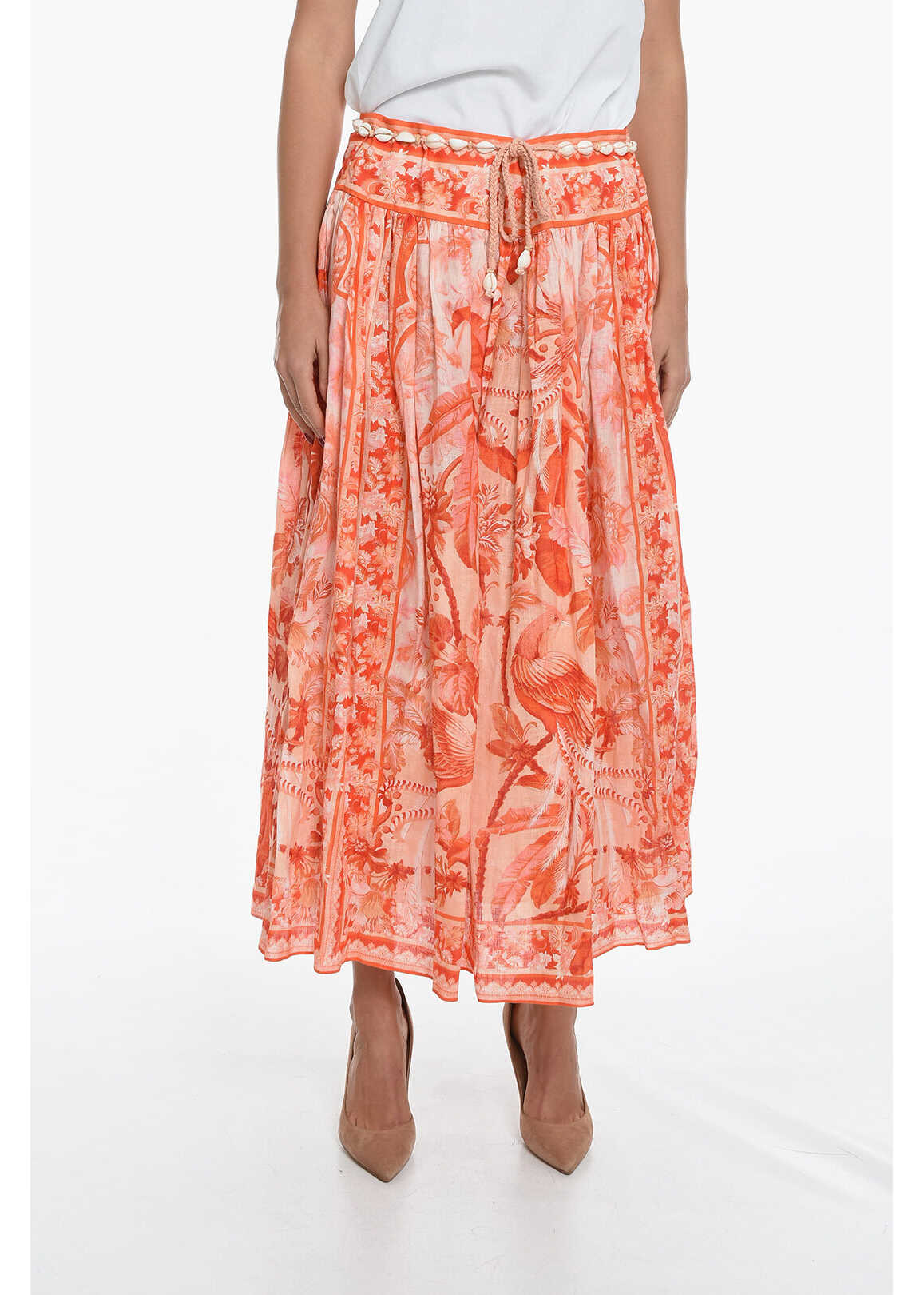 ZIMMERMANN Floral Motif Linen Flared Lyre Yoke Skirt With Belt Decorate Orange