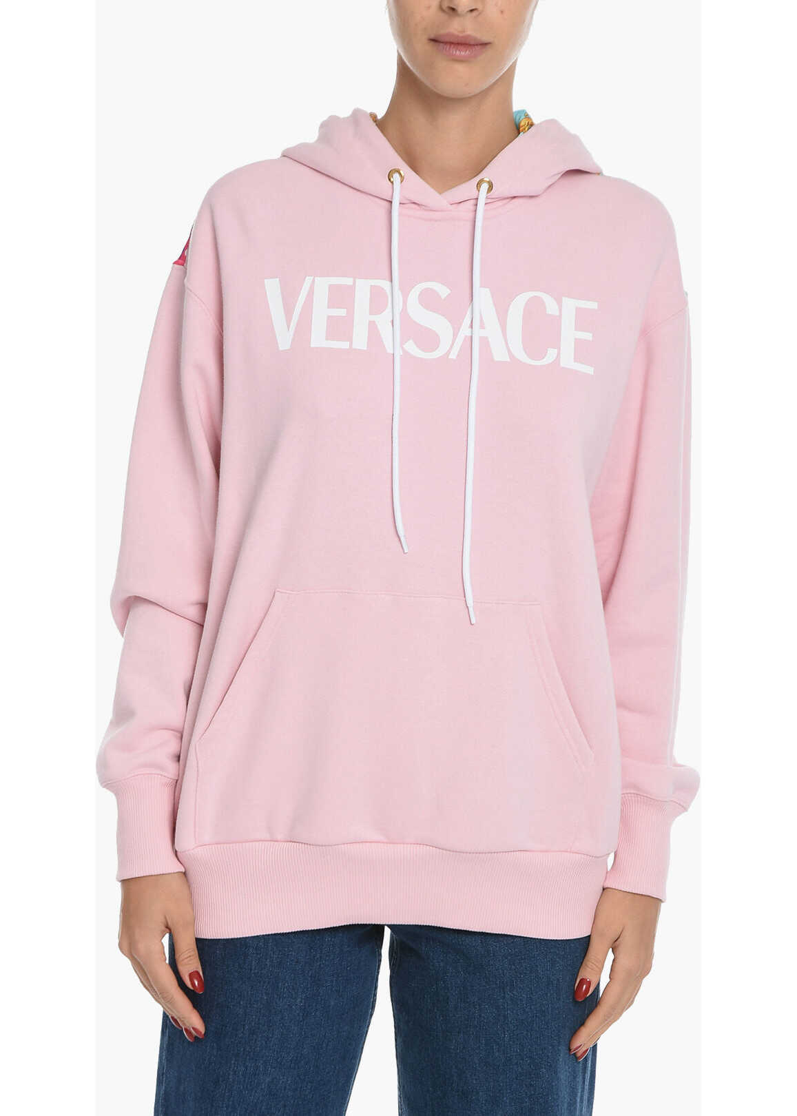 Versace Brushed Cotton Hoodie With Barocco Motif Inserts Multicolor