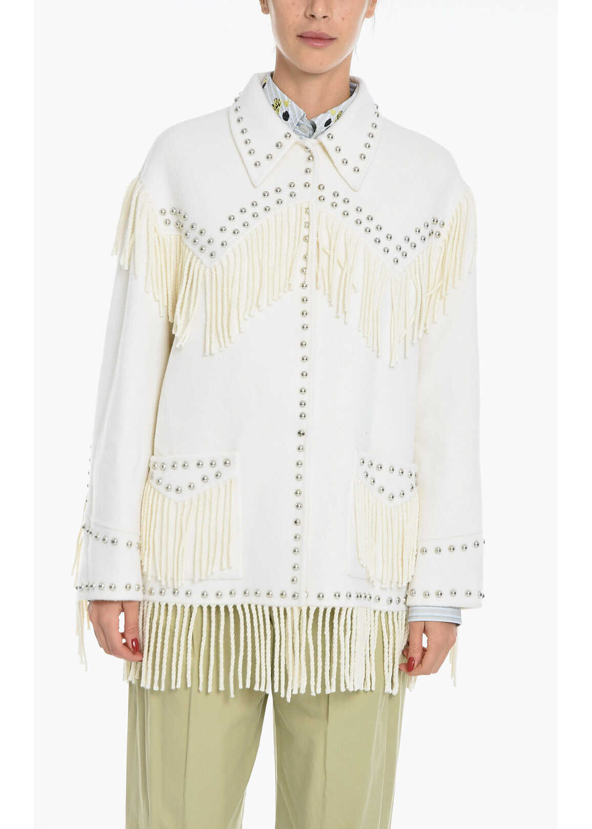 P.A.R.O.S.H. Fringed Wool Western Coat With Studs White