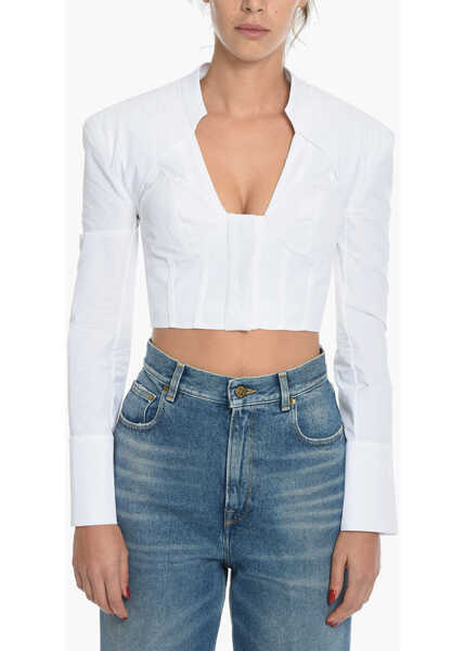 Bluze Balmain Popeline Cotton Long Sleeved Cropped Top White Femei (BM 11975784) 1