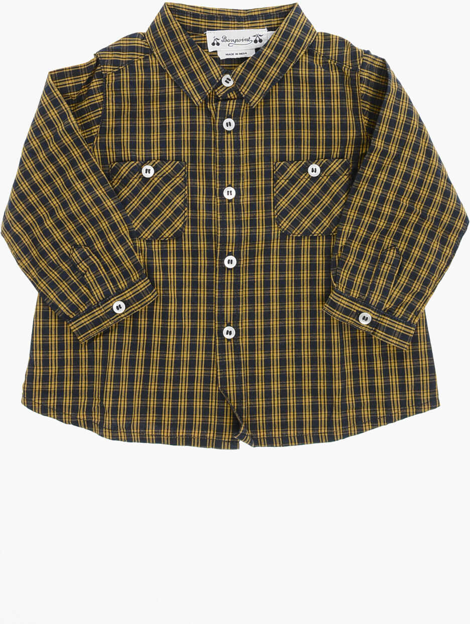 Bonpoint Checked Two-Tone Shirt With Double Breast Pockes Blue