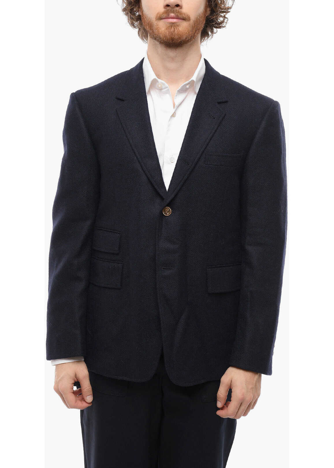 Thom Browne Wool Tweed Blazer With Flap Pockets Blue b-mall.ro