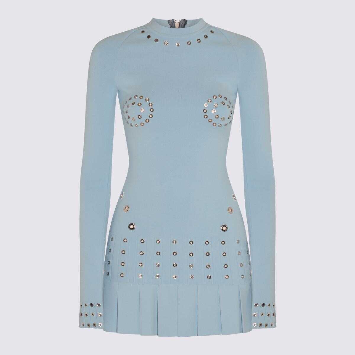 Off-White OFF-WHITE LIGHT BLUE VISCOSE BLEND EYELETS AND PLEATS MINI DRESS BLUE