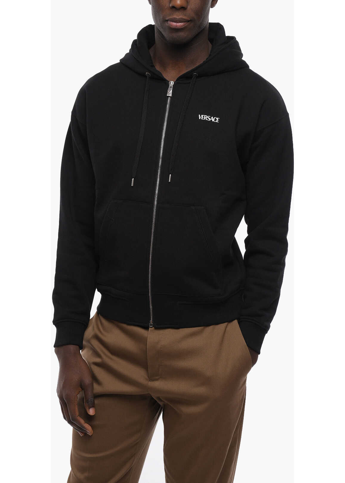 Versace Zip Closure Fleece Cotton Logoed Hoodie Sweatshirt Black