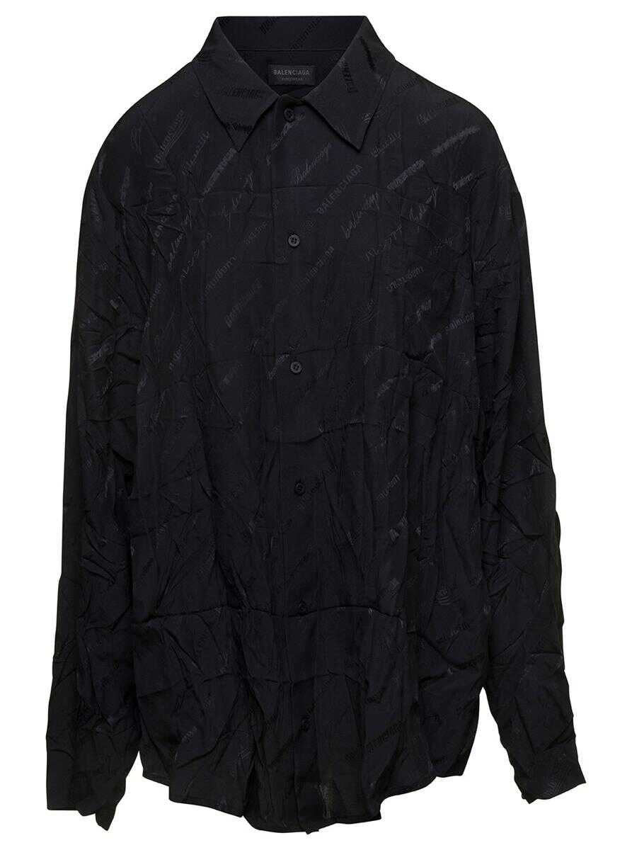 Balenciaga \'Logomania\' Black Oversized Shirt with All-Over Print and Crinkled Effect in Silk Woman BLACK